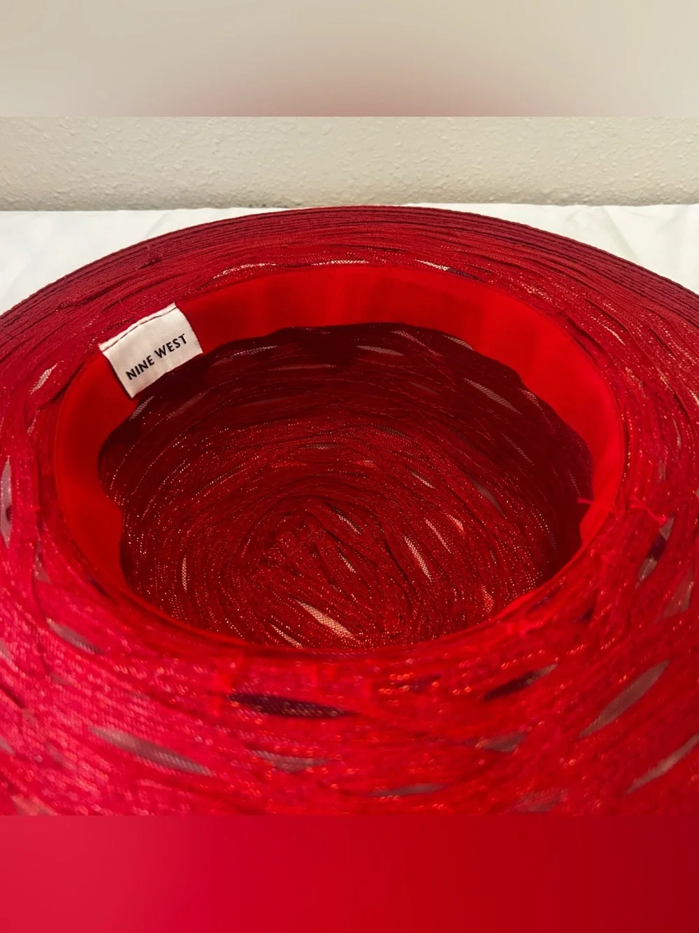 Nine West Red Braided Wide-Brim Hat with Bead Trim